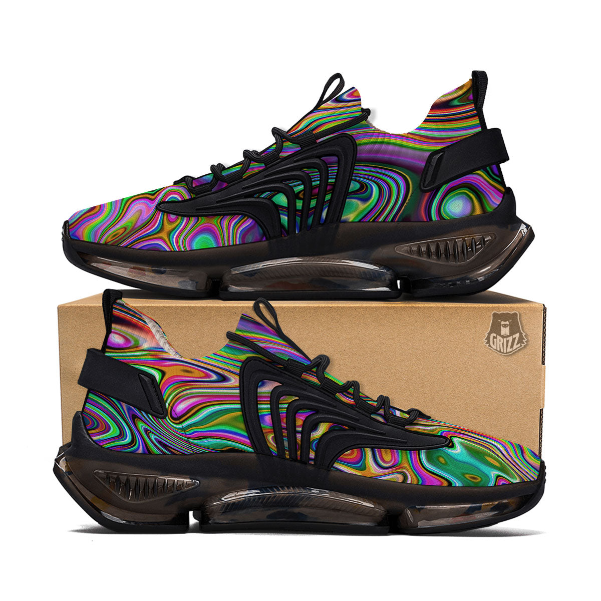 Trippy Liquid Holographic Print Black Gym Shoes-grizzshop