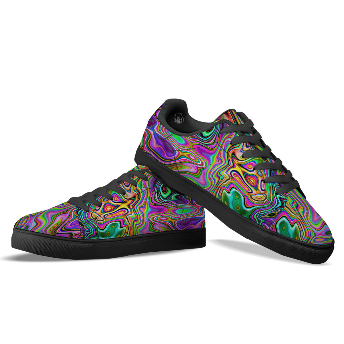 Trippy Liquid Holographic Print Black Low Top Sneakers-grizzshop