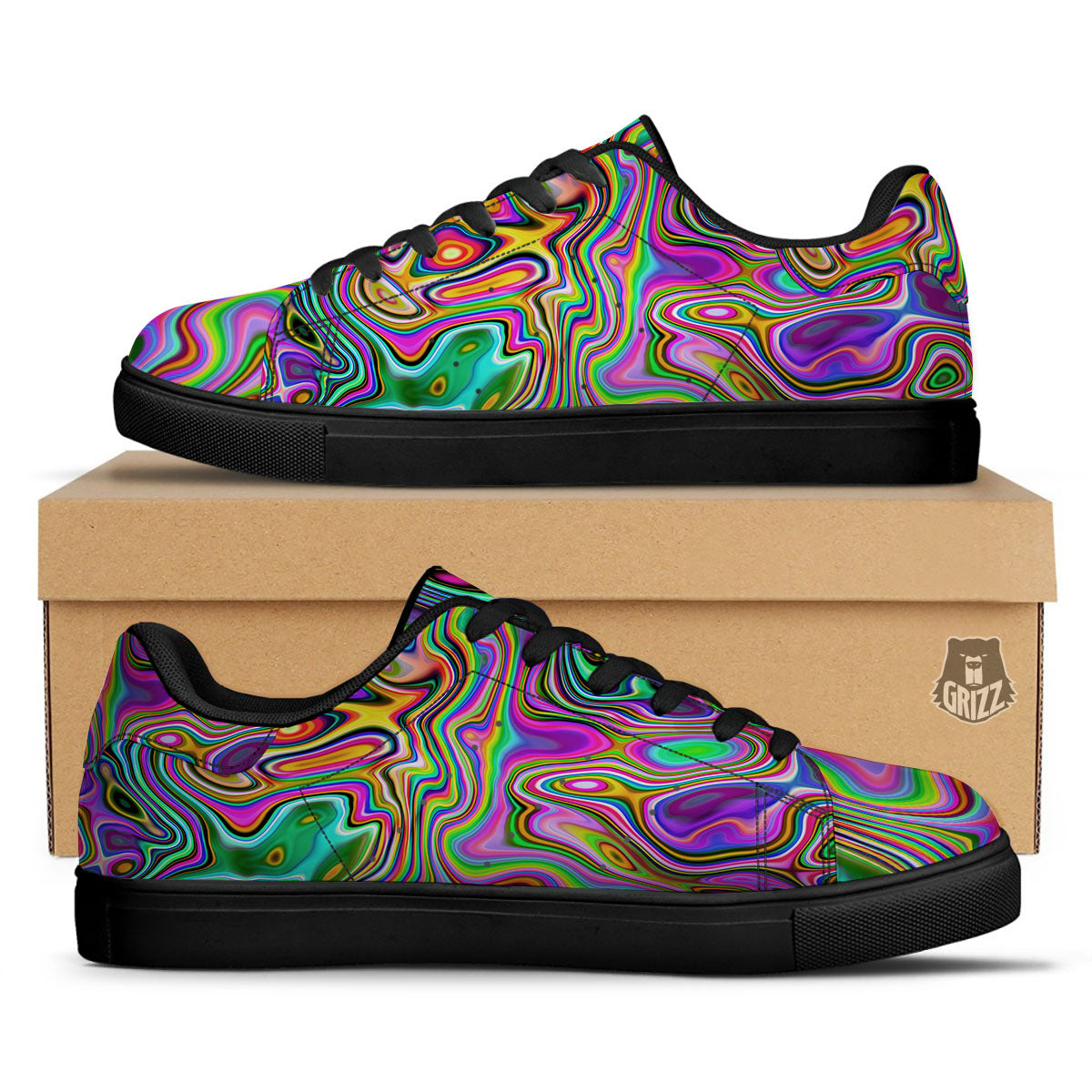 Trippy Liquid Holographic Print Black Low Top Sneakers-grizzshop