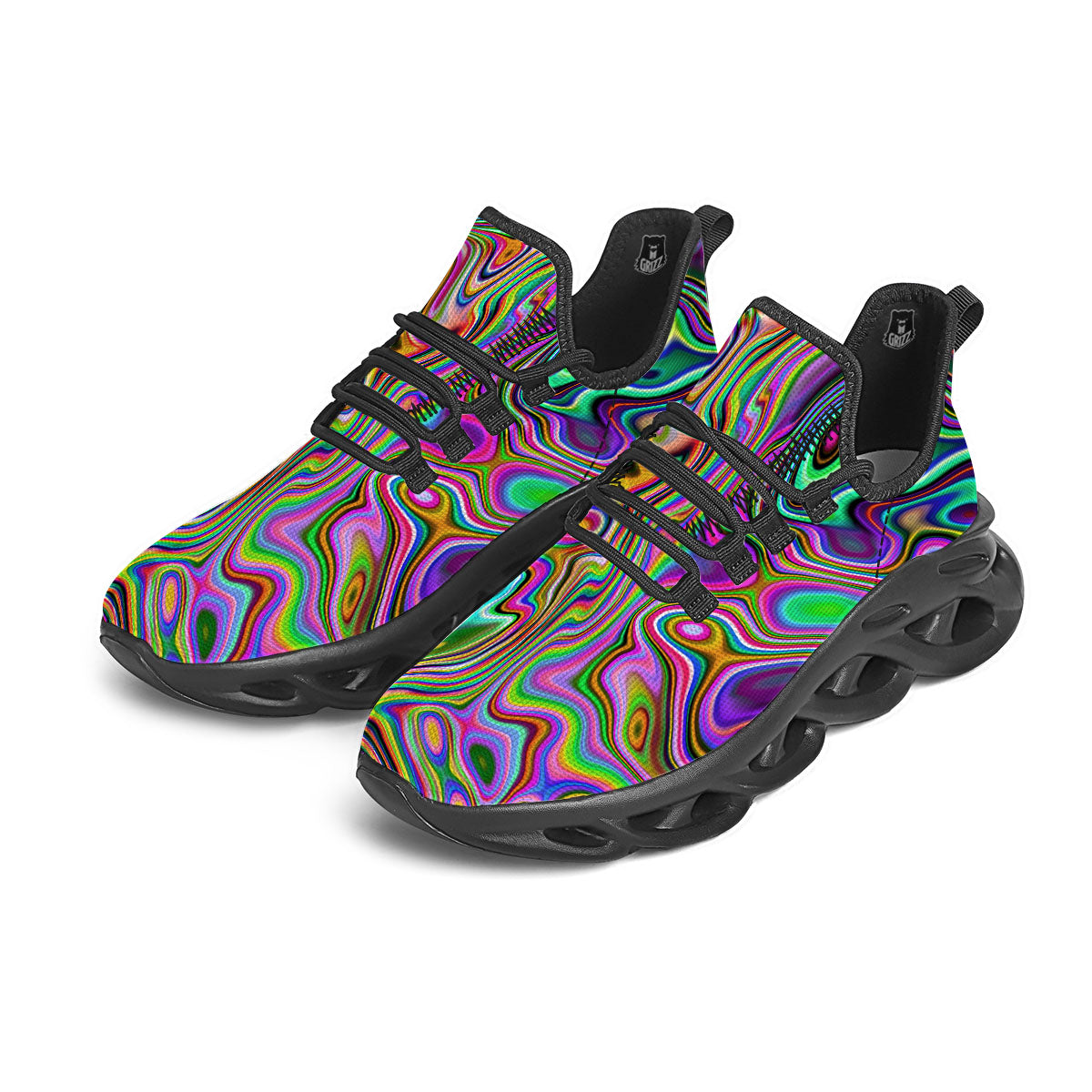 Trippy Liquid Holographic Print Black Running Shoes-grizzshop