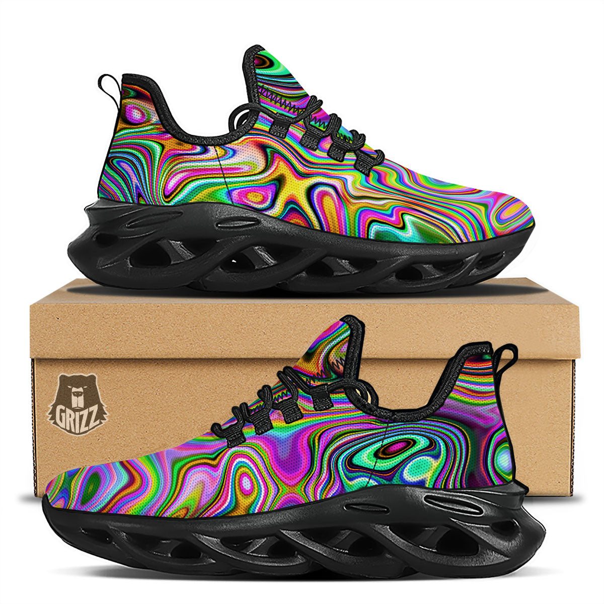 Trippy Liquid Holographic Print Black Running Shoes-grizzshop
