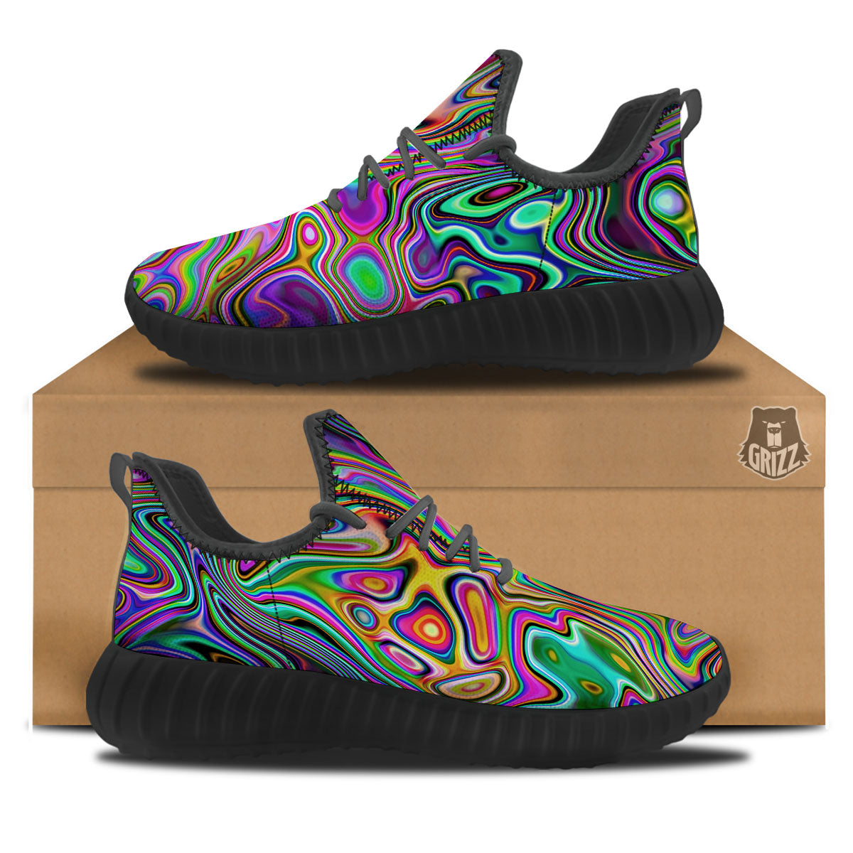 Trippy Liquid Holographic Print Black Walking Shoes-grizzshop