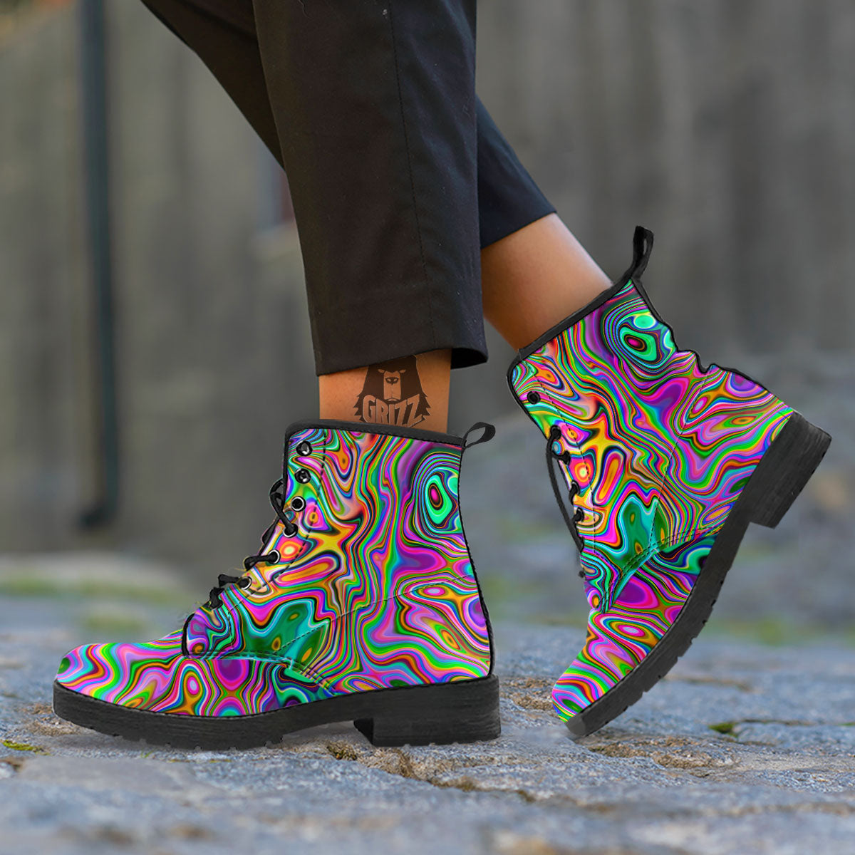 Trippy Liquid Holographic Print Leather Boots-grizzshop