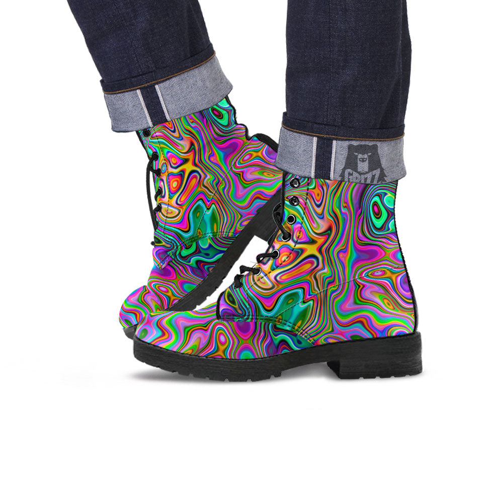 Trippy Liquid Holographic Print Leather Boots-grizzshop