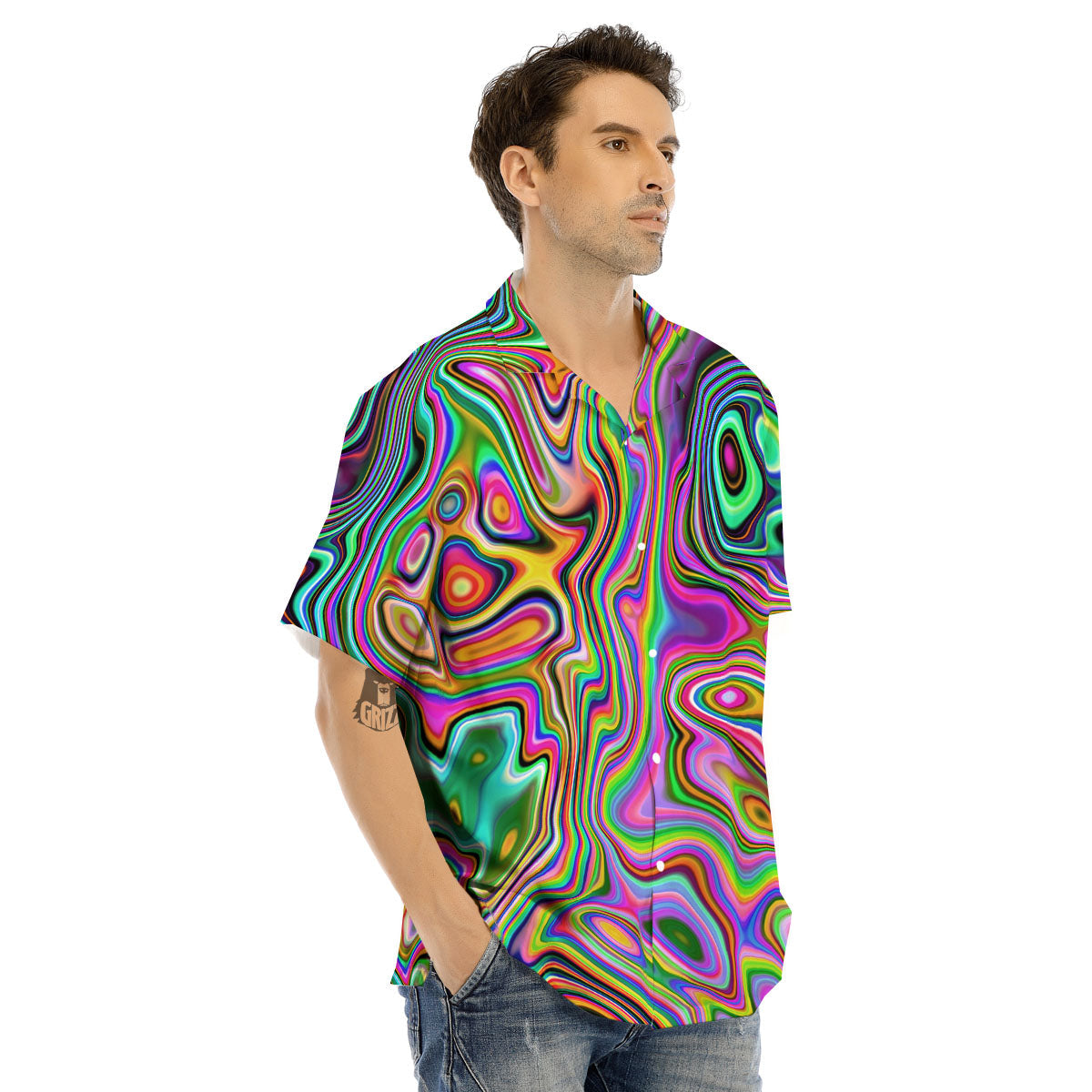 Trippy Liquid Holographic Print Men's Hawaiian Shirt-grizzshop