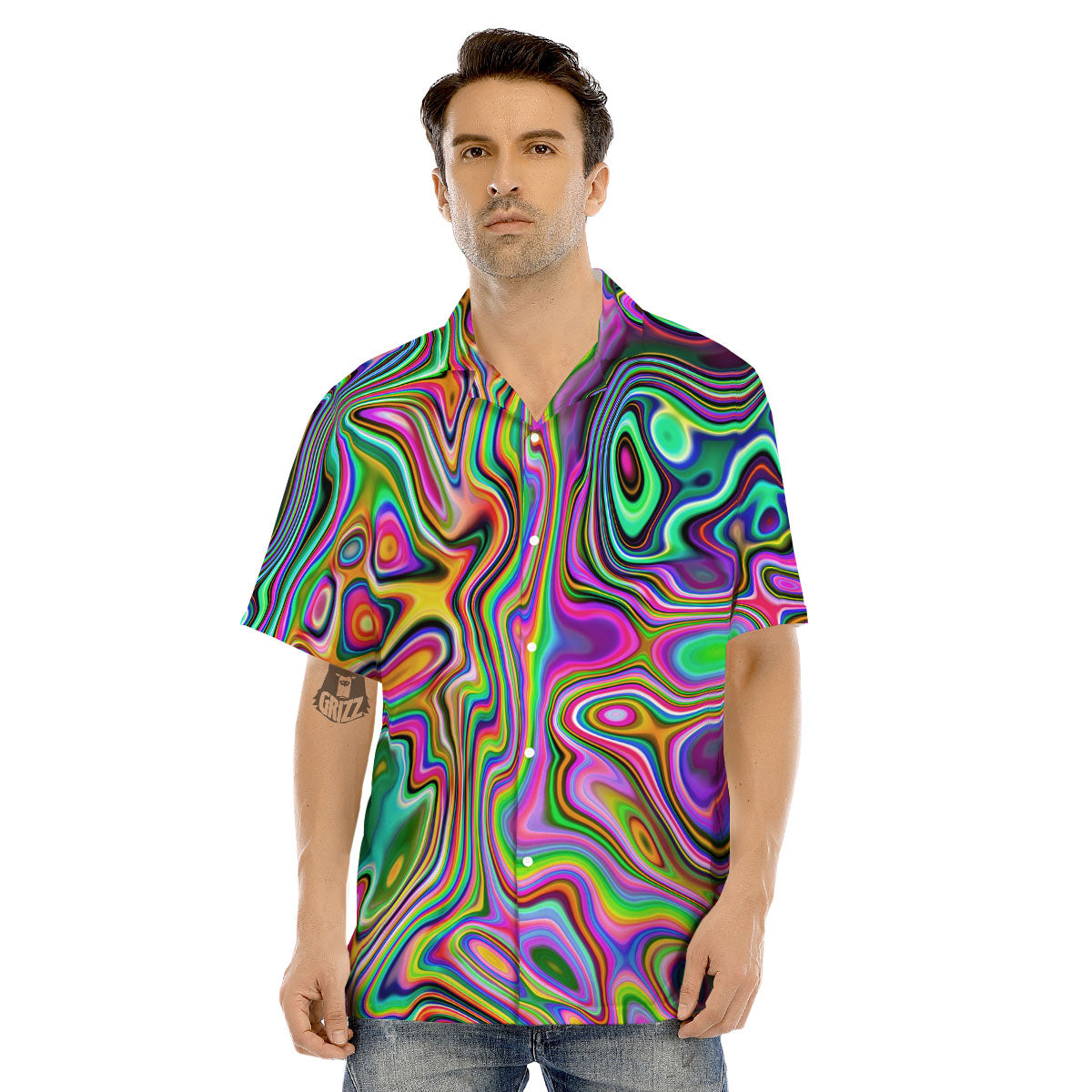 Trippy Liquid Holographic Print Men's Hawaiian Shirt-grizzshop