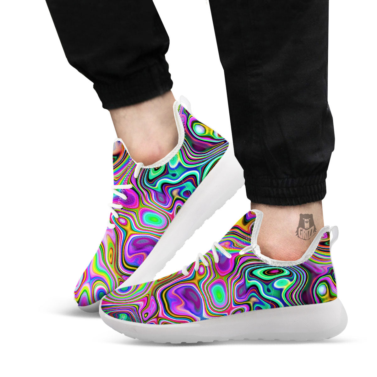 Trippy Liquid Holographic Print White Athletic Shoes-grizzshop