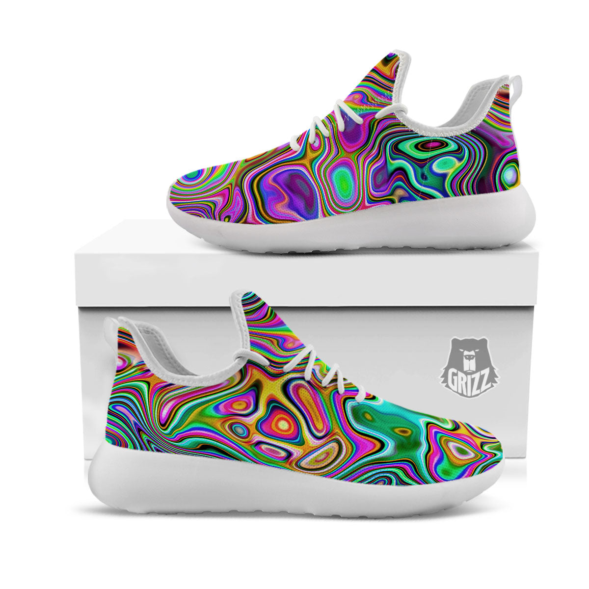 Trippy Liquid Holographic Print White Athletic Shoes-grizzshop