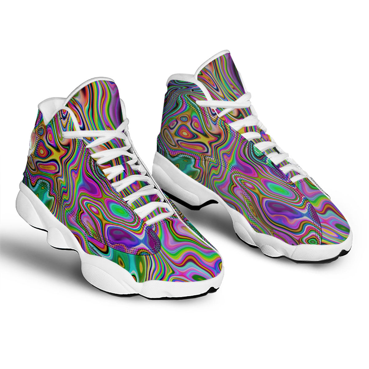 Trippy Liquid Holographic Print White Basketball Shoes-grizzshop