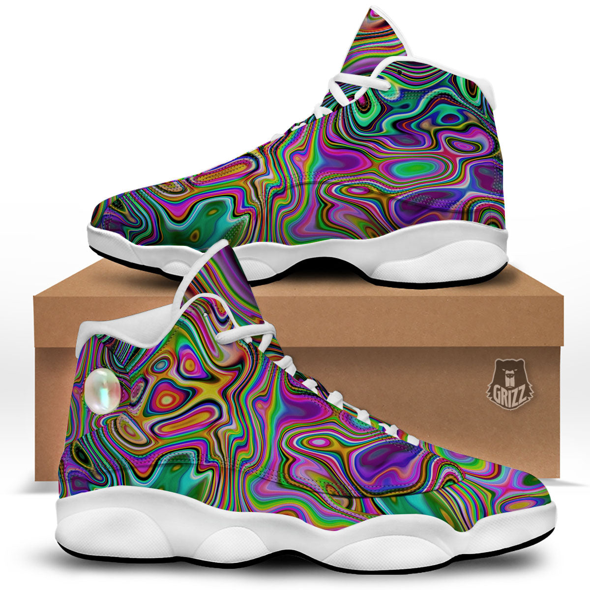 Trippy Liquid Holographic Print White Basketball Shoes-grizzshop