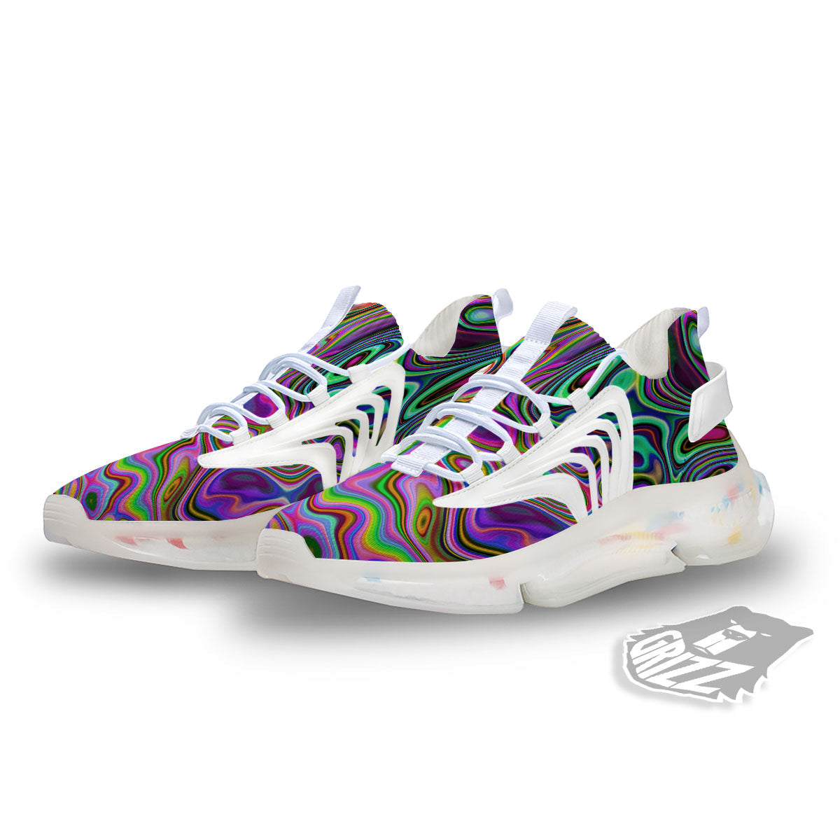 Trippy Liquid Holographic Print White Gym Shoes-grizzshop