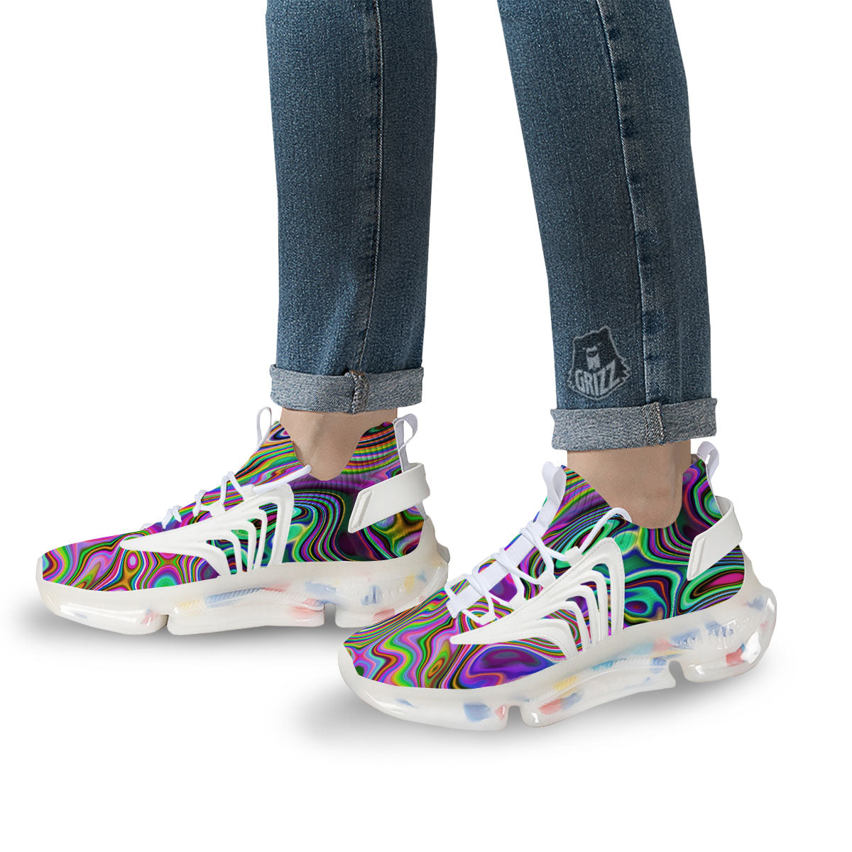 Trippy Liquid Holographic Print White Gym Shoes-grizzshop