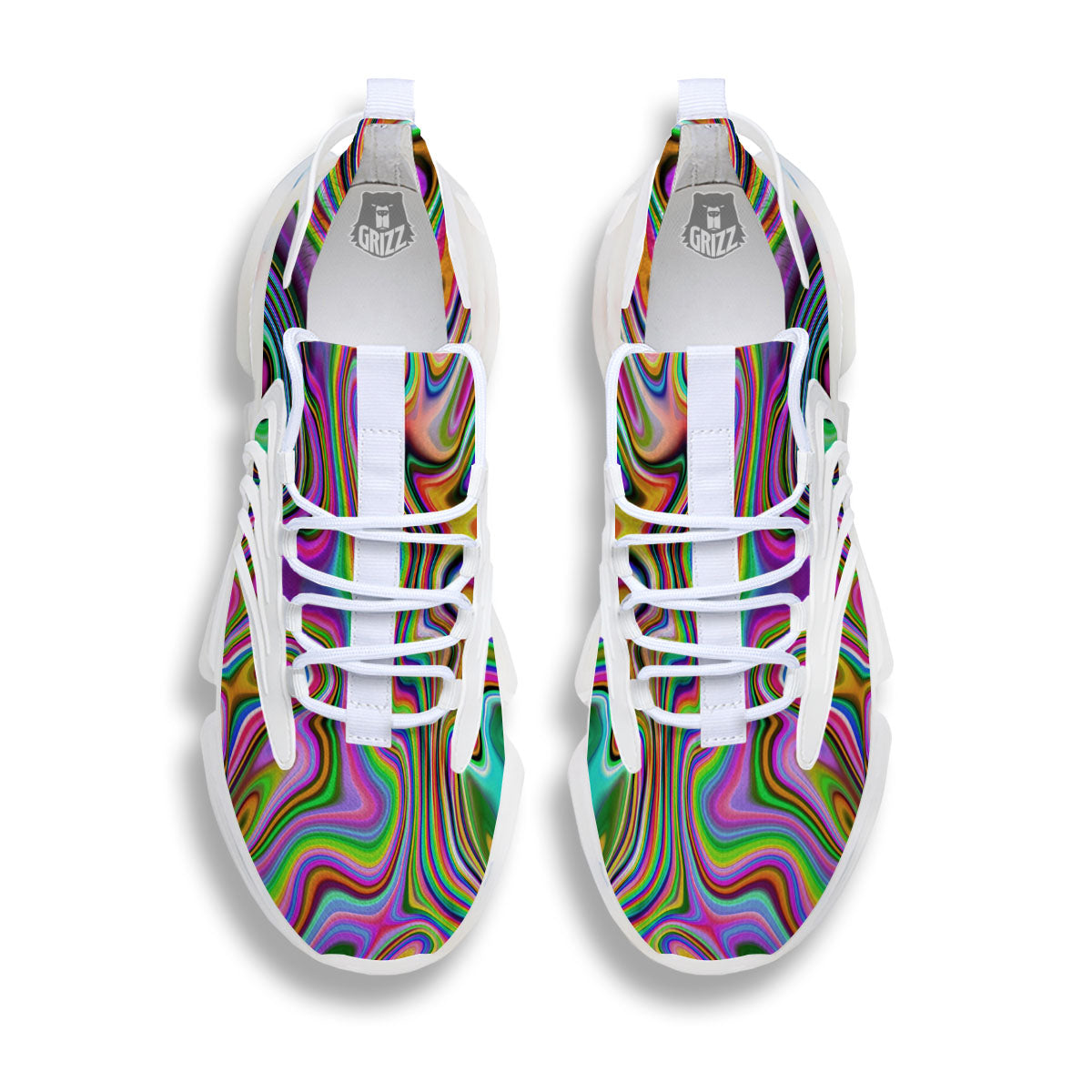 Trippy Liquid Holographic Print White Gym Shoes-grizzshop