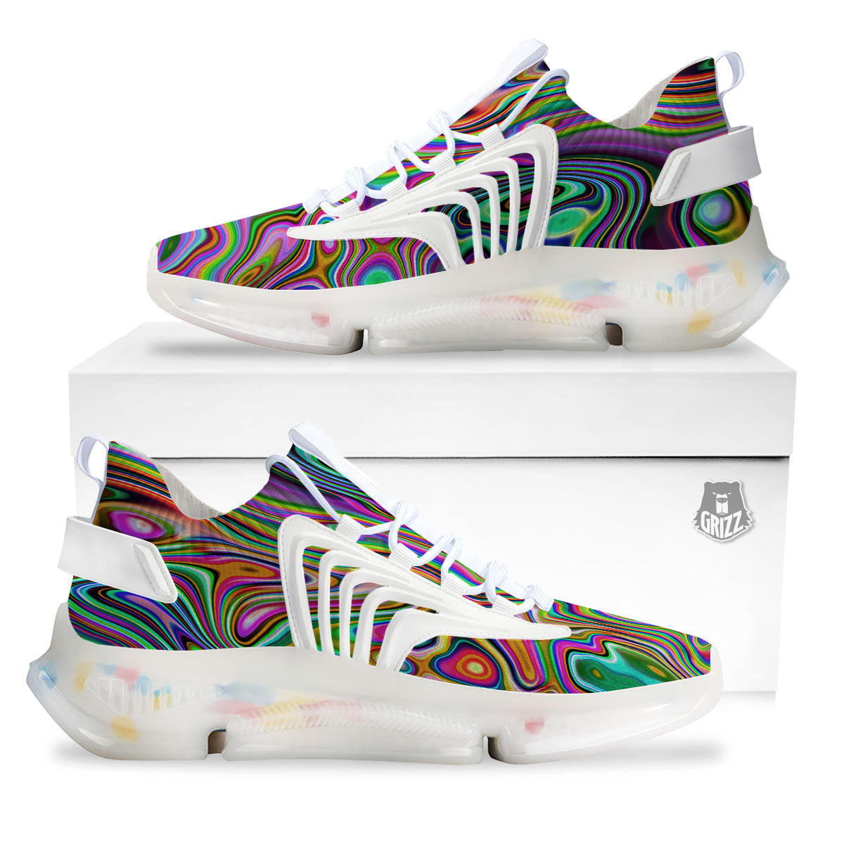 Trippy Liquid Holographic Print White Gym Shoes-grizzshop