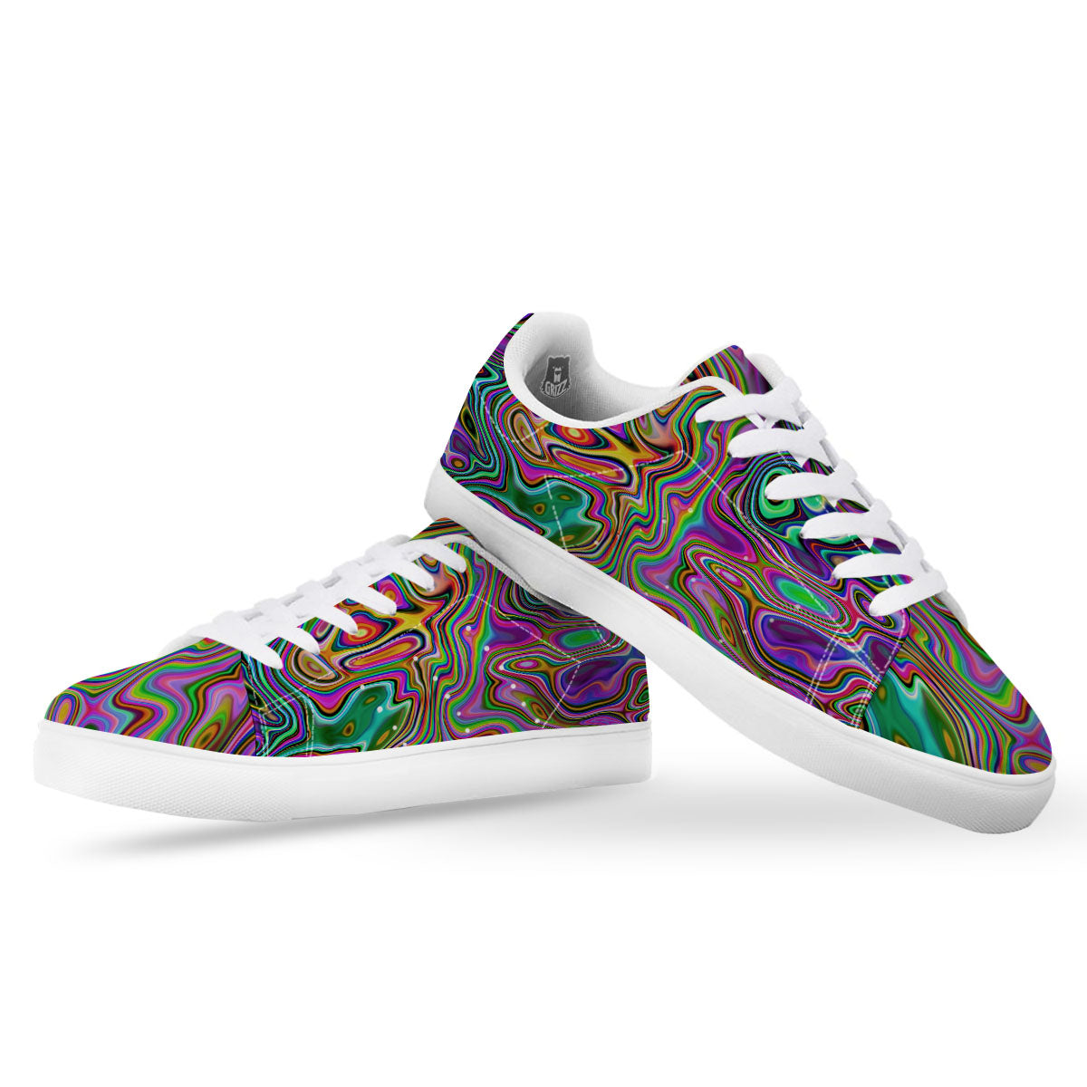 Trippy Liquid Holographic Print White Low Top Sneakers-grizzshop