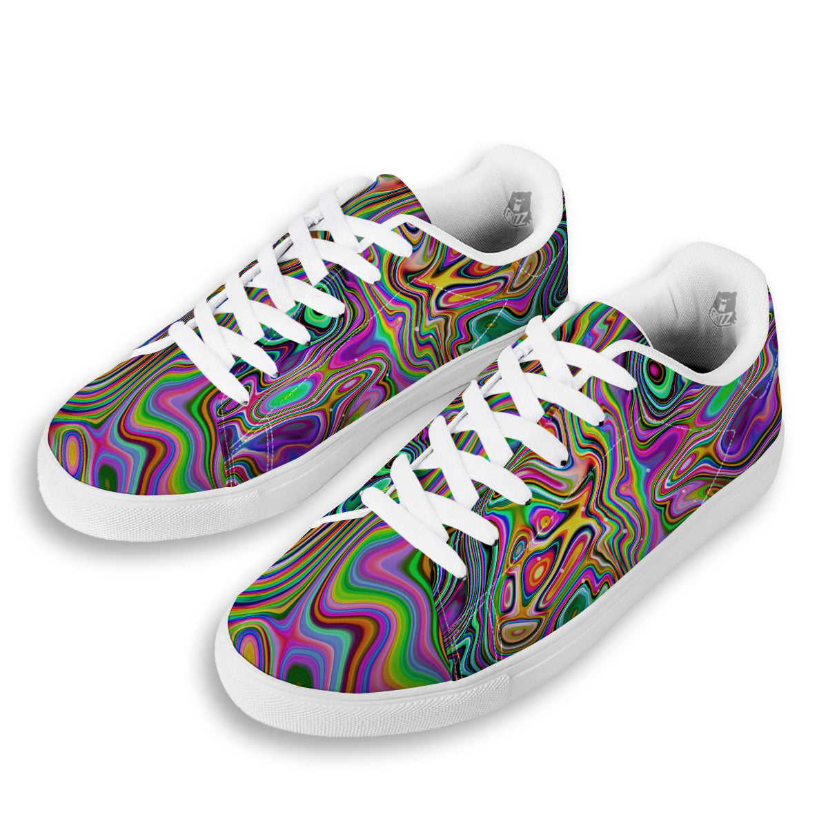 Trippy Liquid Holographic Print White Low Top Sneakers-grizzshop