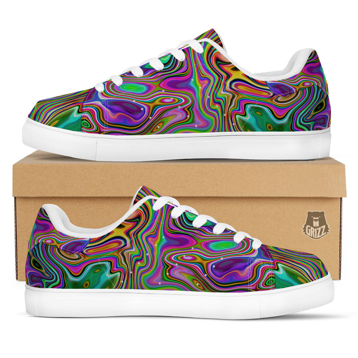 Trippy Liquid Holographic Print White Low Top Sneakers-grizzshop