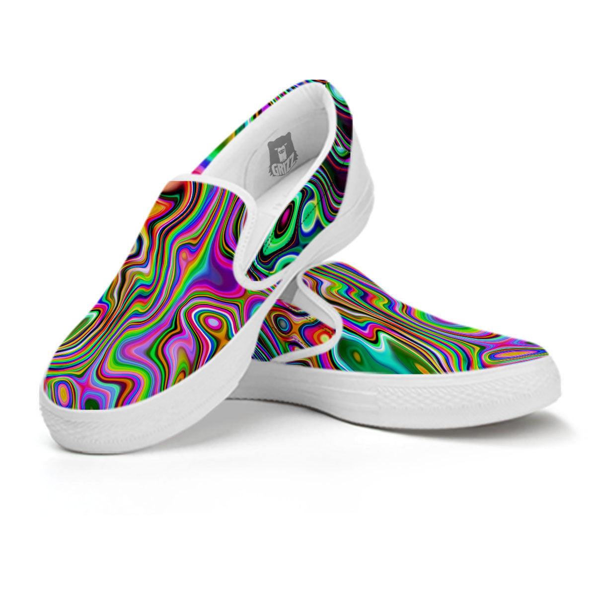Trippy Liquid Holographic Print White Slip On Shoes-grizzshop