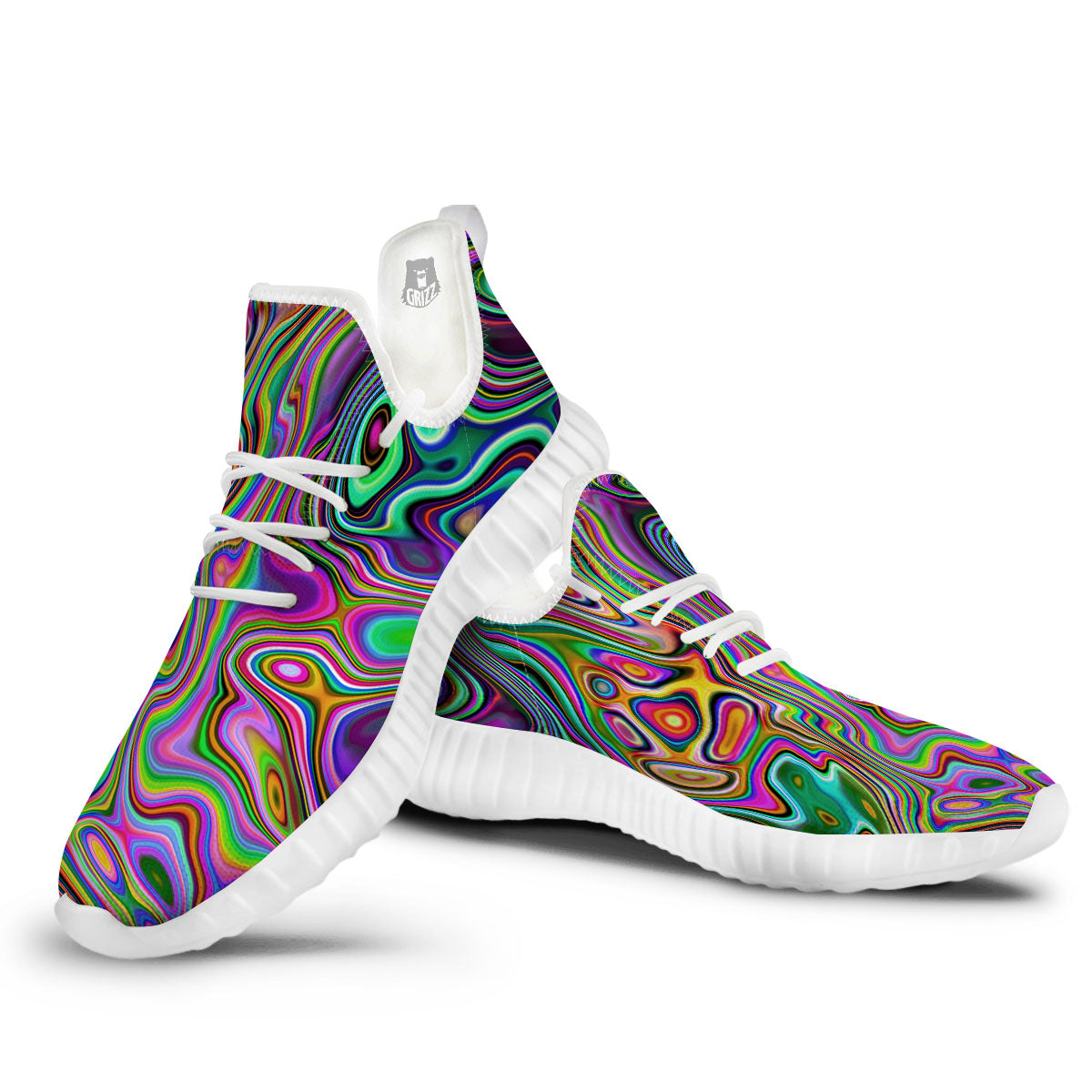 Trippy Liquid Holographic Print White Walking Shoes-grizzshop