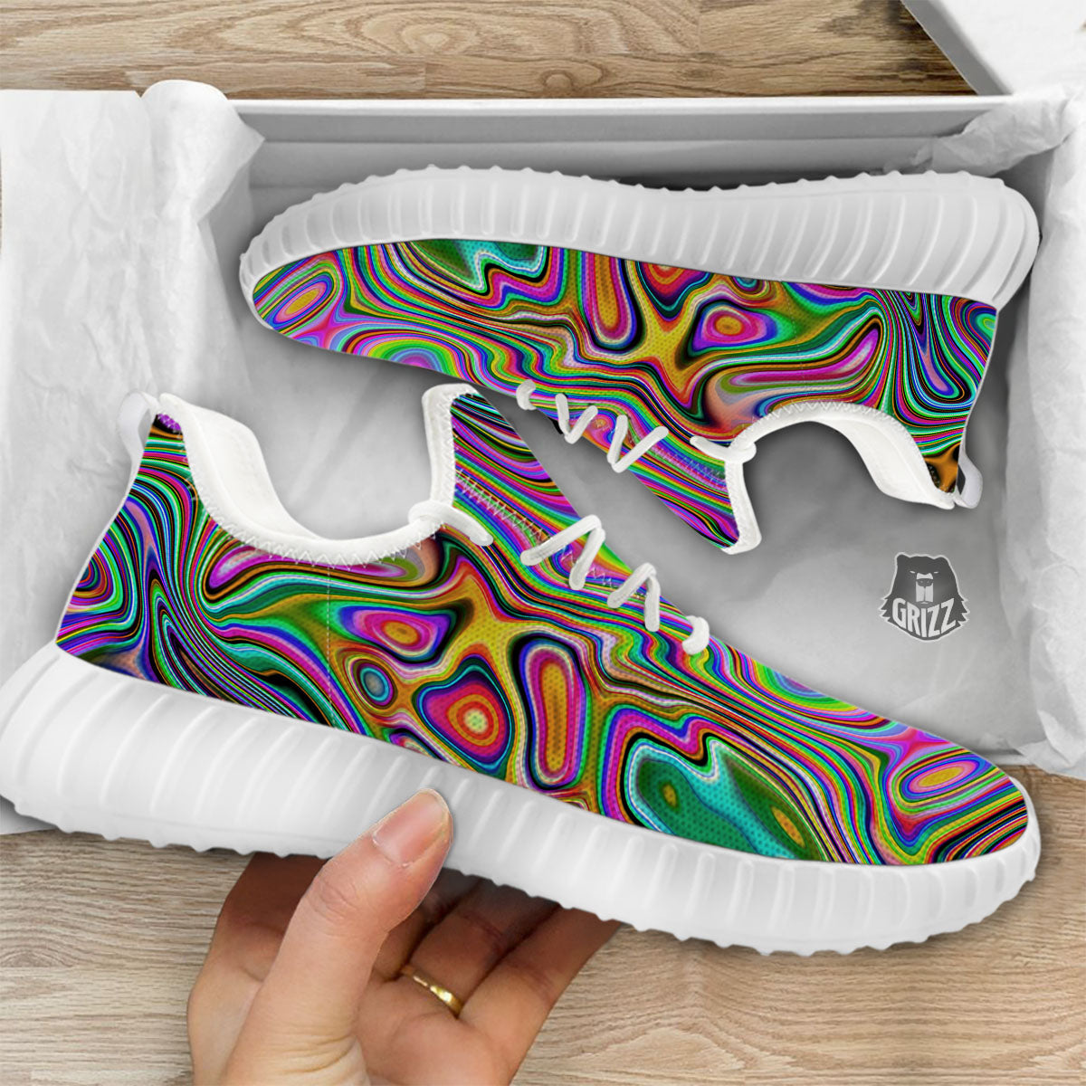 Trippy Liquid Holographic Print White Walking Shoes-grizzshop