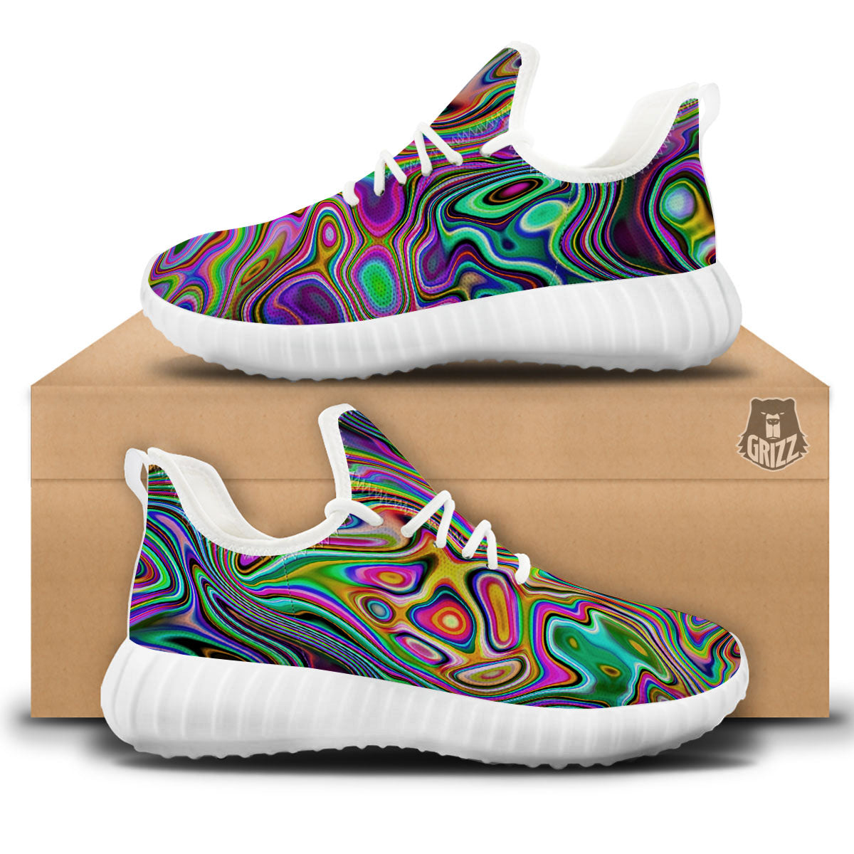 Trippy Liquid Holographic Print White Walking Shoes-grizzshop