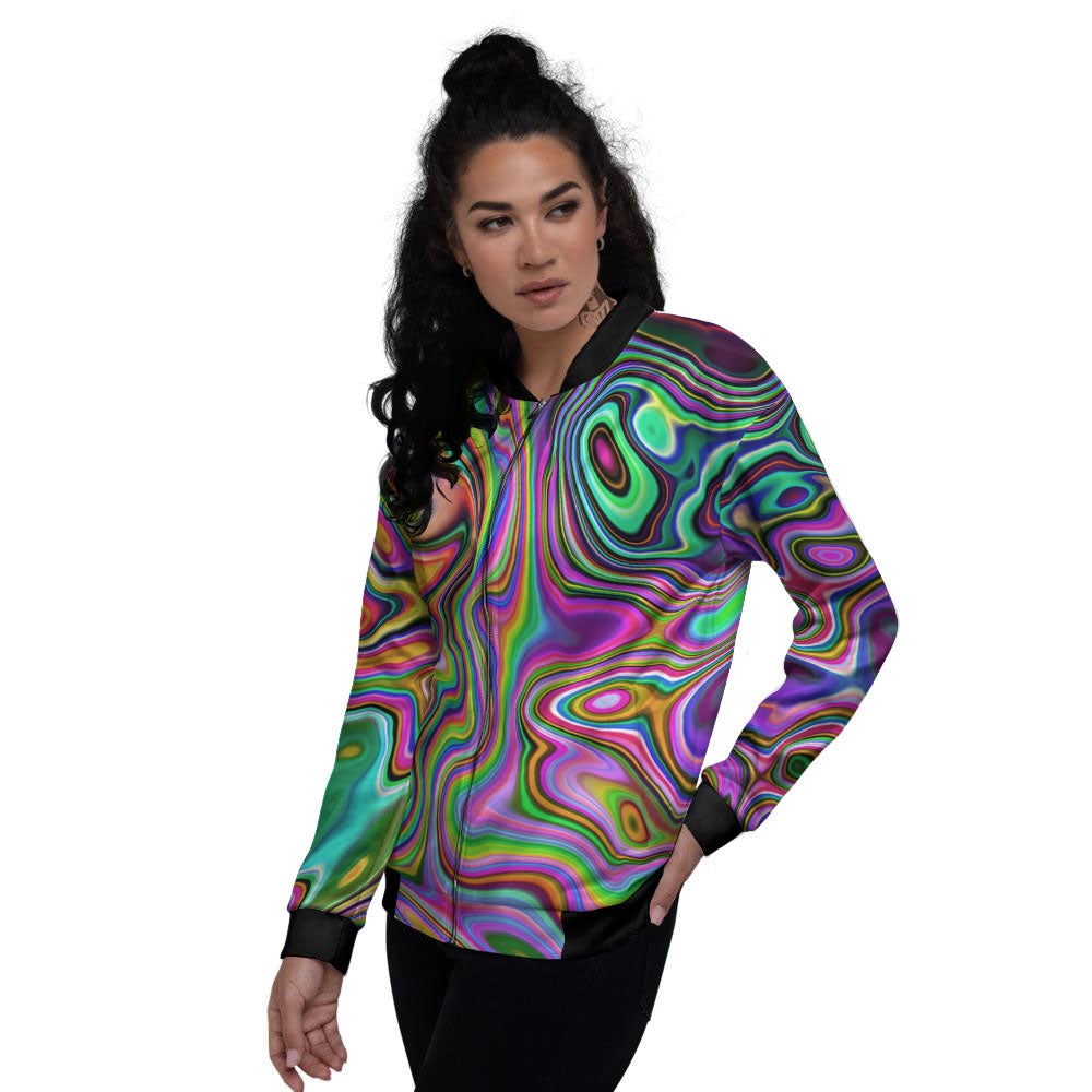 Trippy Liquid Holographic Print Women's Bomber Jacket-grizzshop