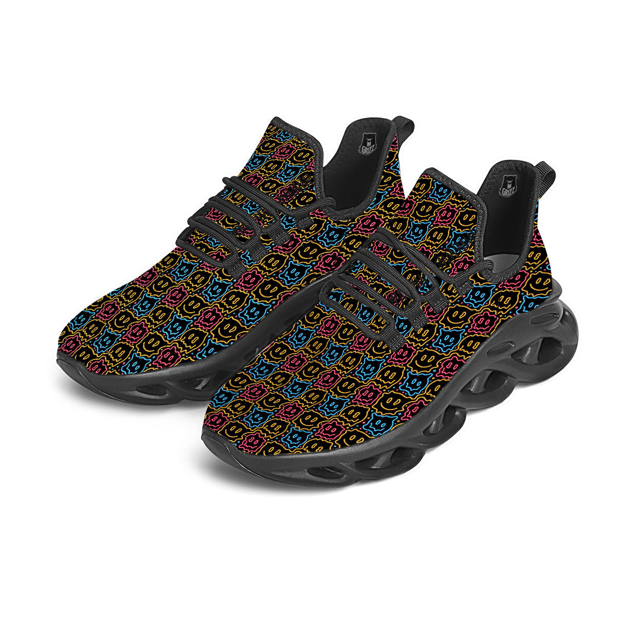 Trippy Neon Psychedelic Print Black Running Shoes-grizzshop