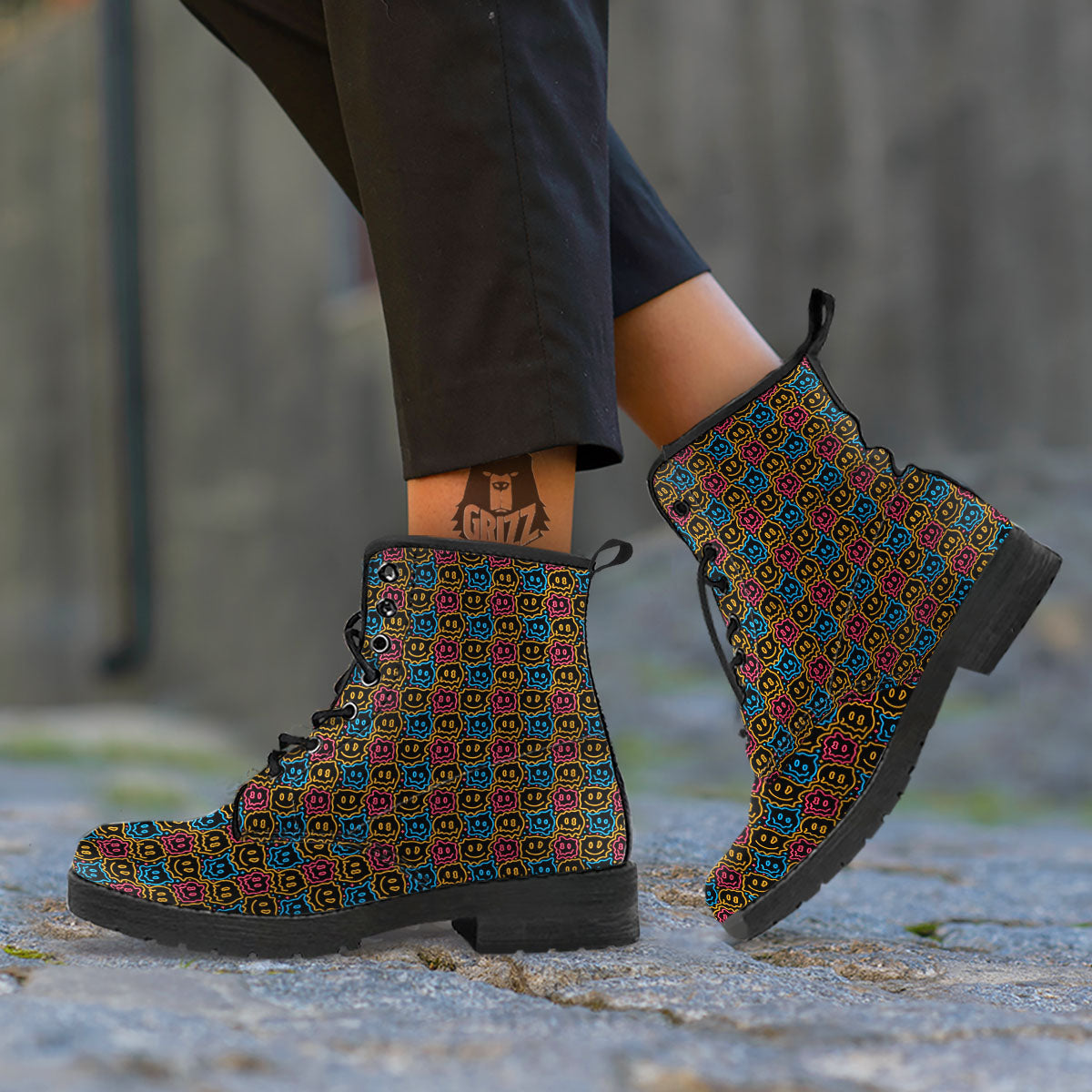Trippy Neon Psychedelic Print Leather Boots-grizzshop