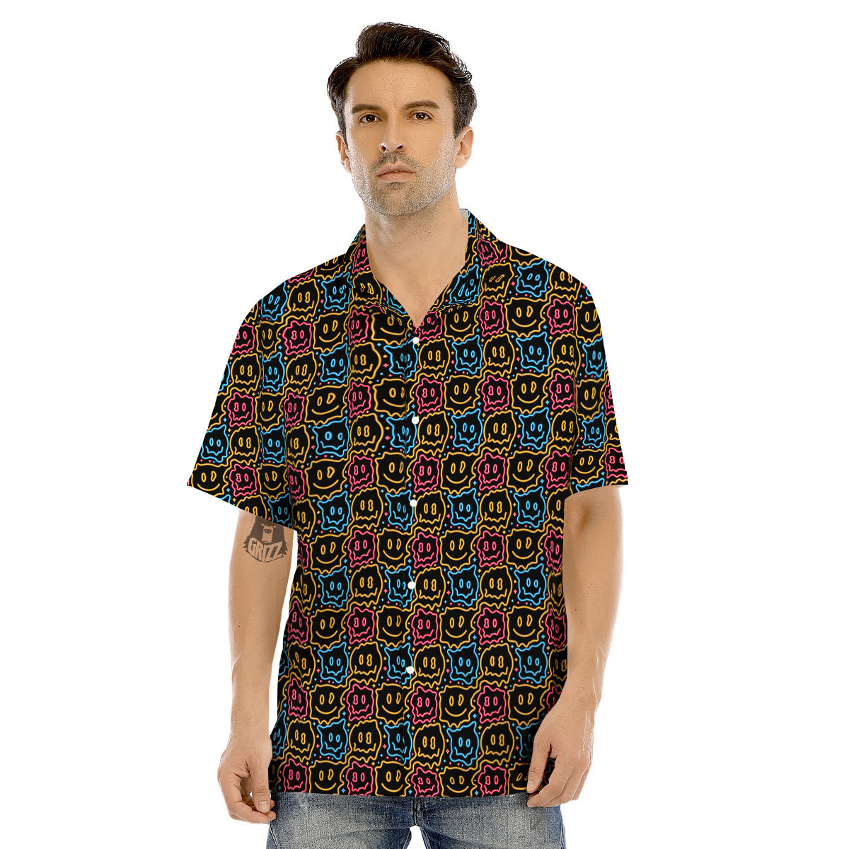 Trippy Neon Psychedelic Print Men's Hawaiian Shirt-grizzshop