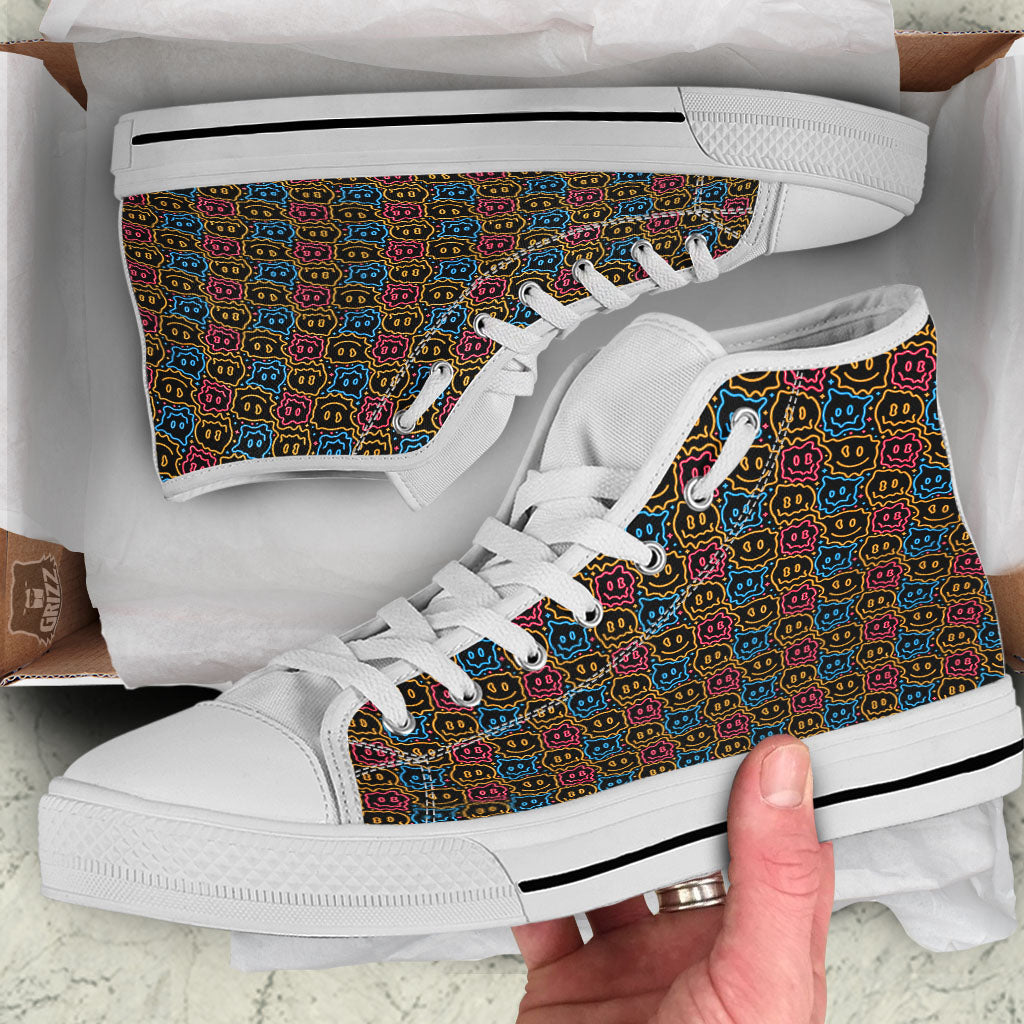Trippy Neon Psychedelic Print White High Top Shoes-grizzshop