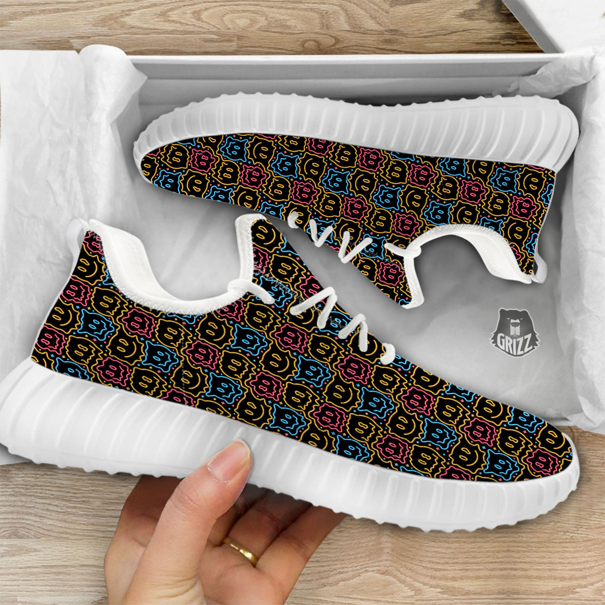 Trippy Neon Psychedelic Print White Walking Shoes-grizzshop