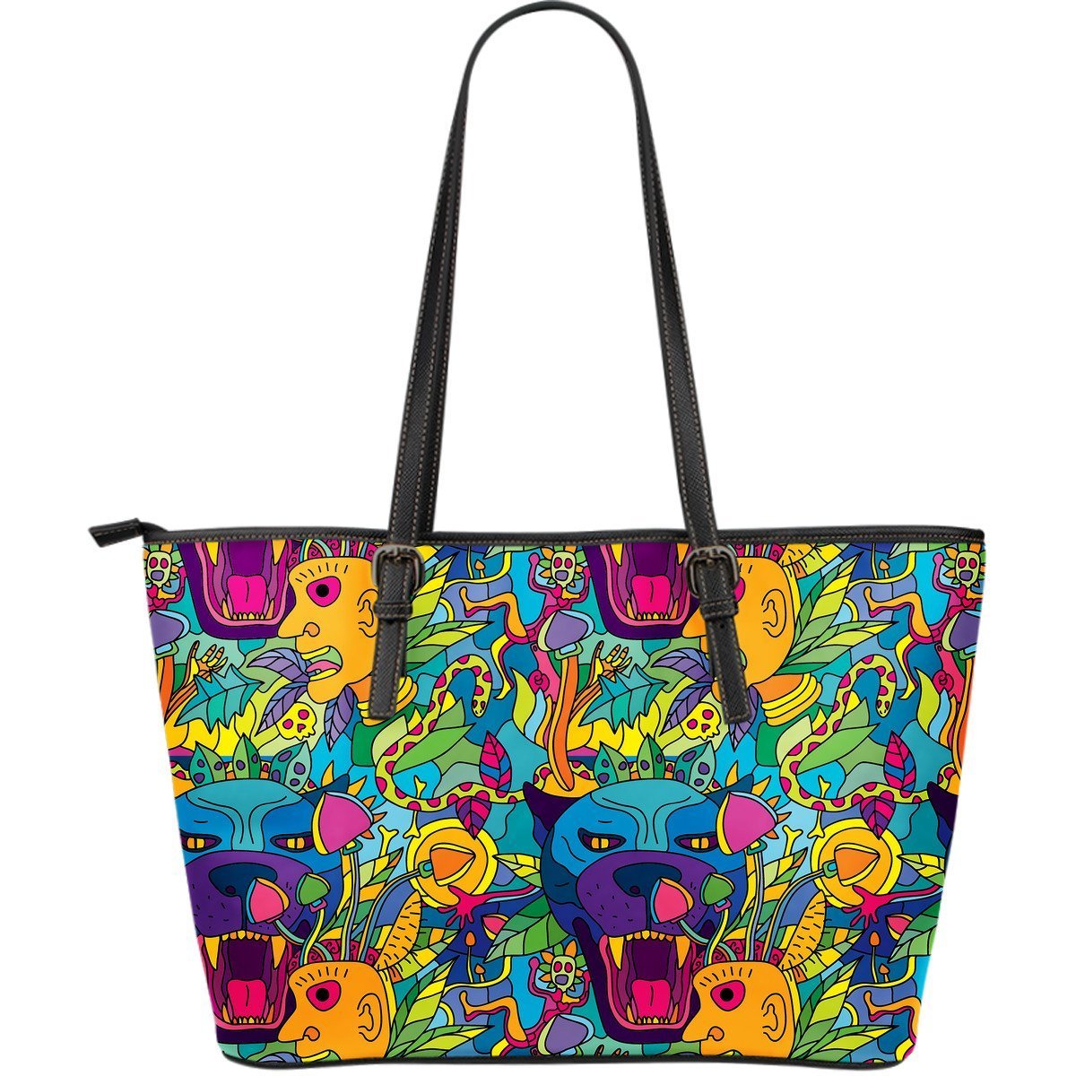 Trippy Pattern Print Leather Tote Bag-grizzshop