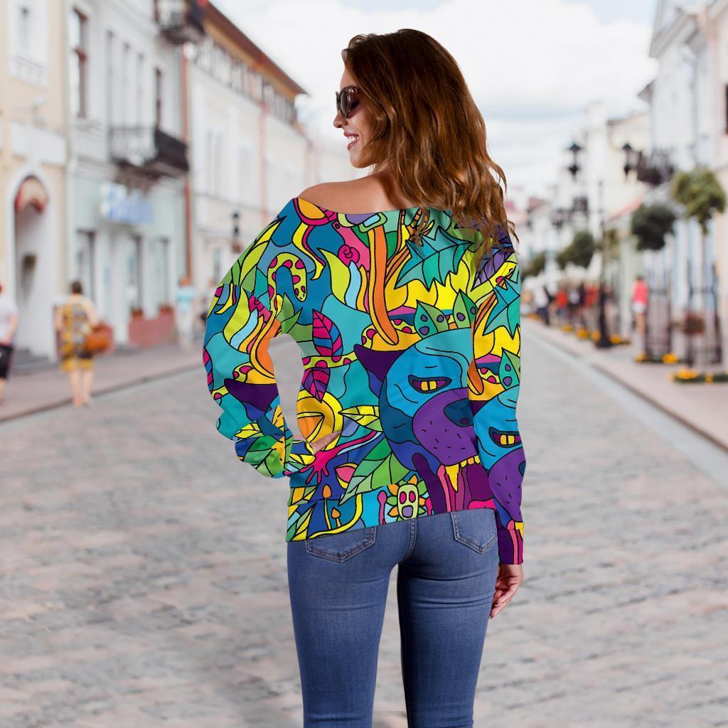 Trippy Pattern Print Women Off Shoulder Sweatshirt-grizzshop