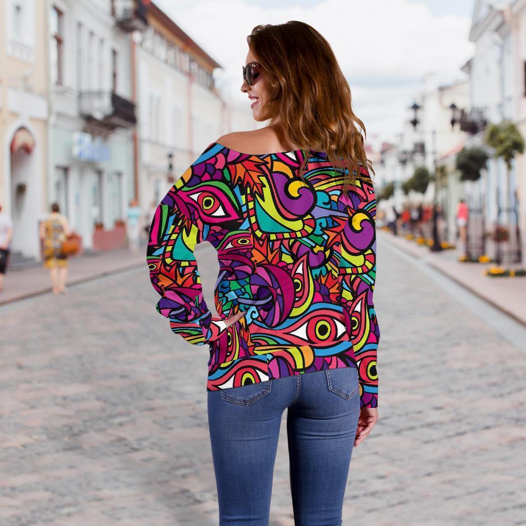 Trippy Print Pattern Women Off Shoulder Sweatshirt-grizzshop