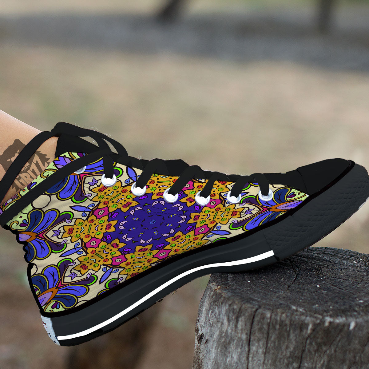 Trippy Psychedelic Ethnic Print Black High Top Shoes-grizzshop