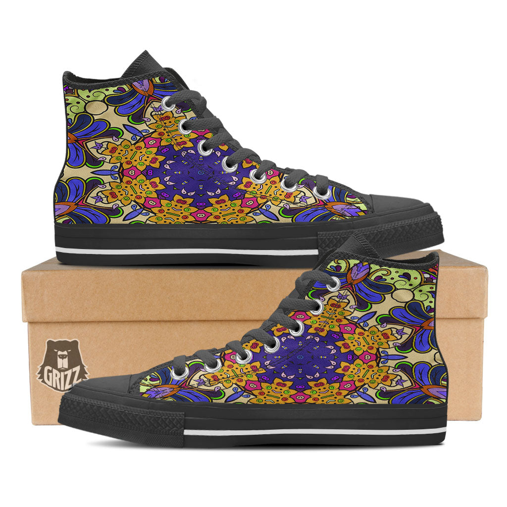 Trippy Psychedelic Ethnic Print Black High Top Shoes-grizzshop