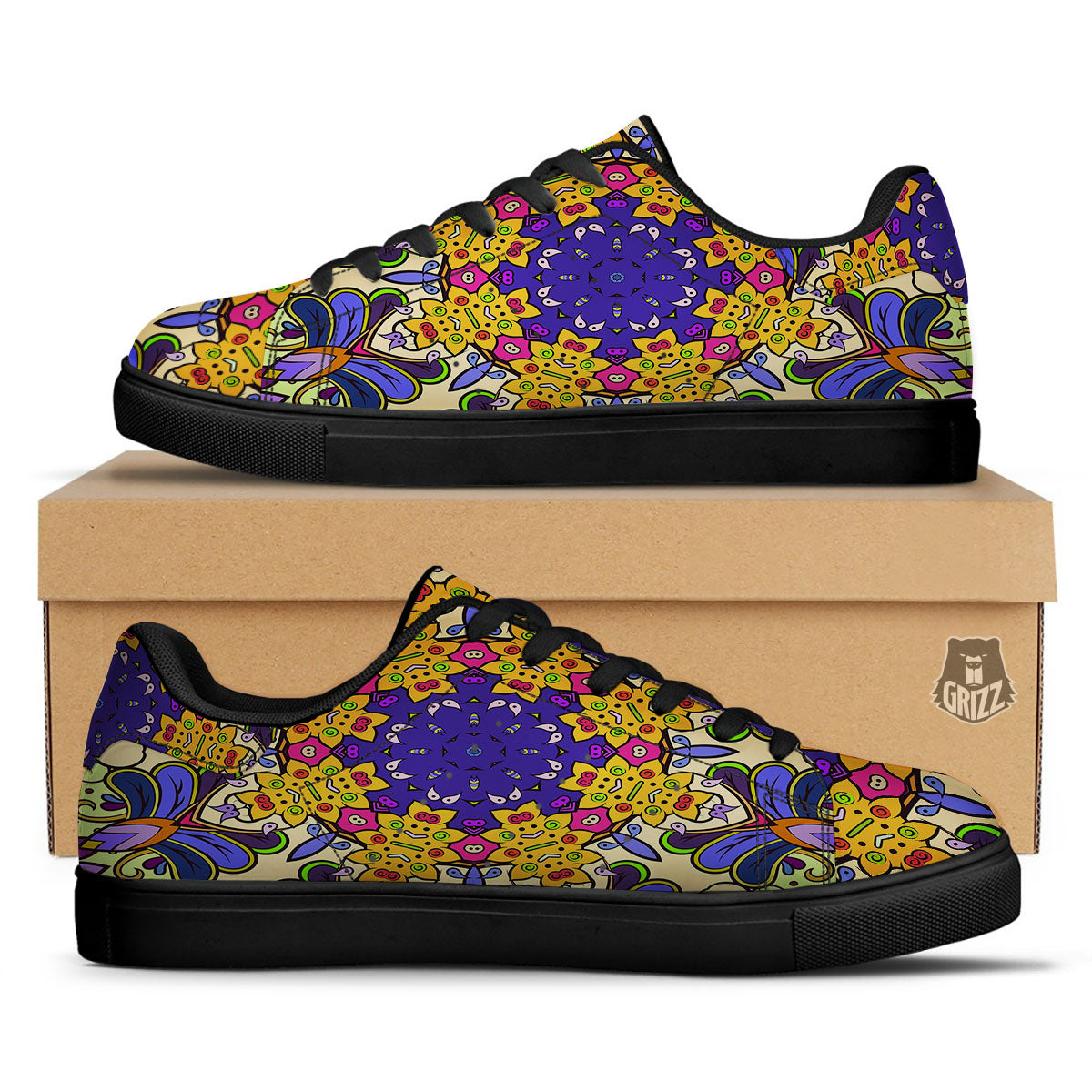 Trippy Psychedelic Ethnic Print Black Low Top Sneakers-grizzshop