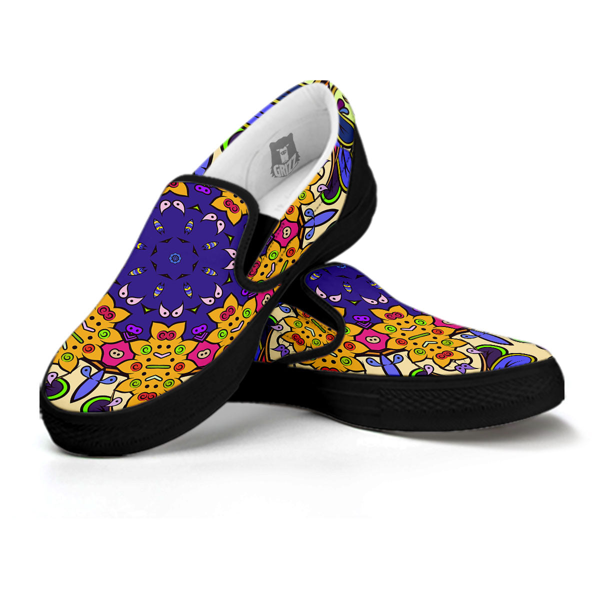 Trippy Psychedelic Ethnic Print Black Slip On Shoes-grizzshop