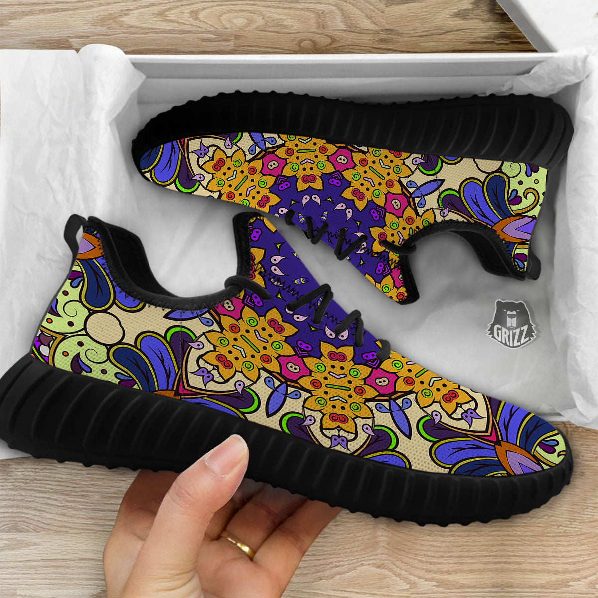 Trippy Psychedelic Ethnic Print Black Walking Shoes-grizzshop