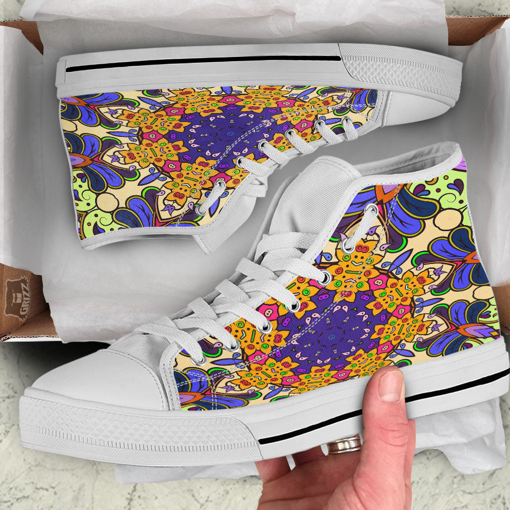 Trippy Psychedelic Ethnic Print White High Top Shoes-grizzshop
