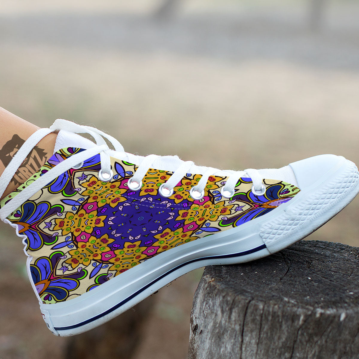 Trippy Psychedelic Ethnic Print White High Top Shoes-grizzshop