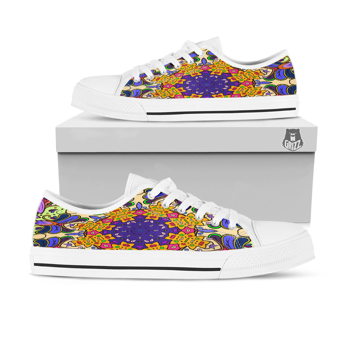 Trippy Psychedelic Ethnic Print White Low Top Shoes-grizzshop