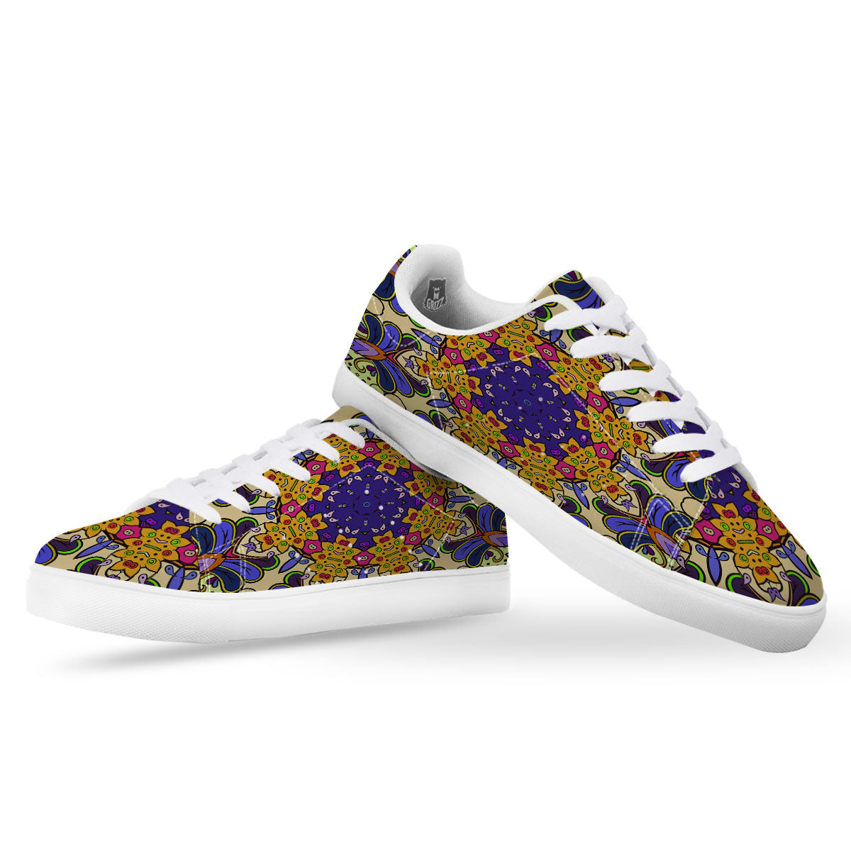 Trippy Psychedelic Ethnic Print White Low Top Sneakers-grizzshop