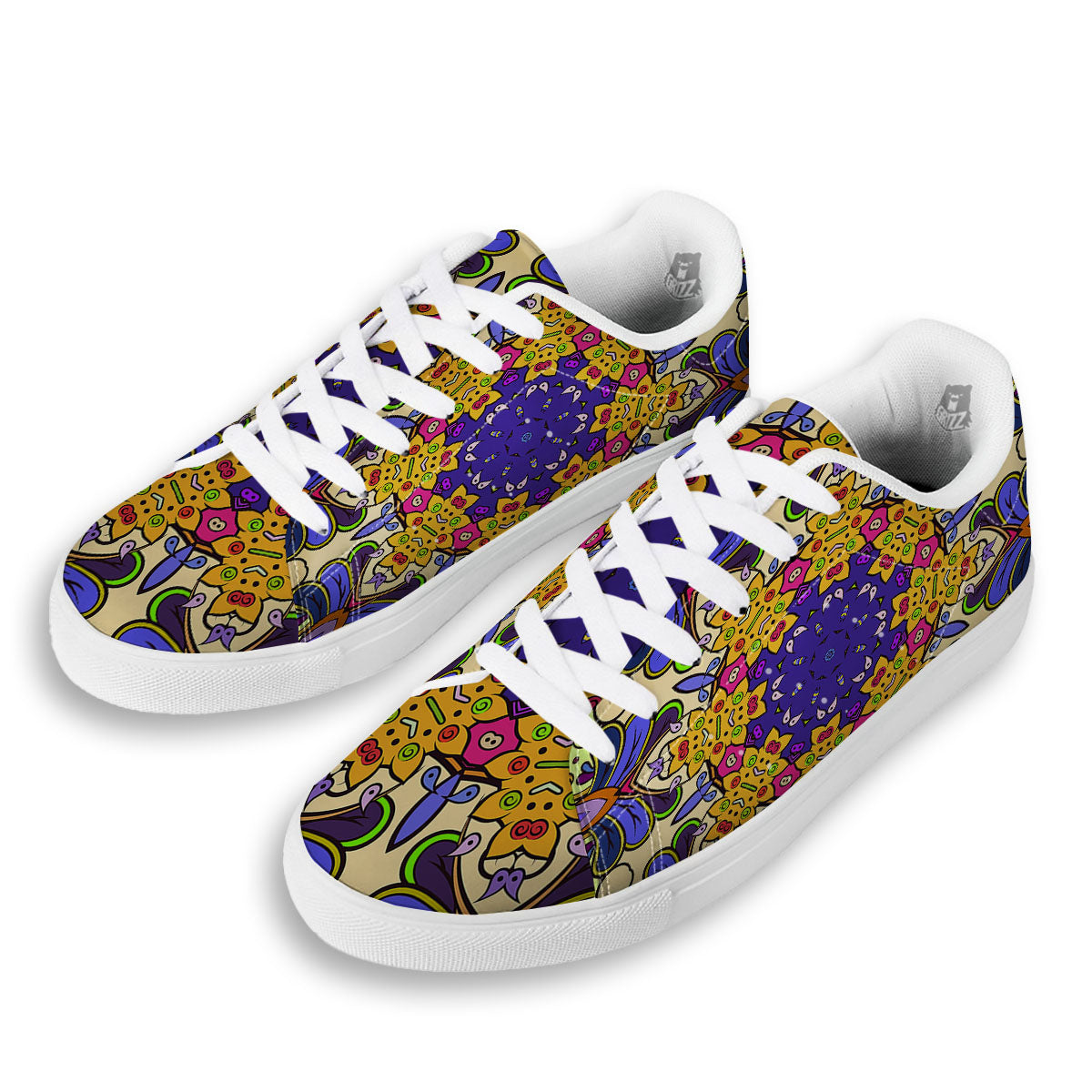 Trippy Psychedelic Ethnic Print White Low Top Sneakers-grizzshop