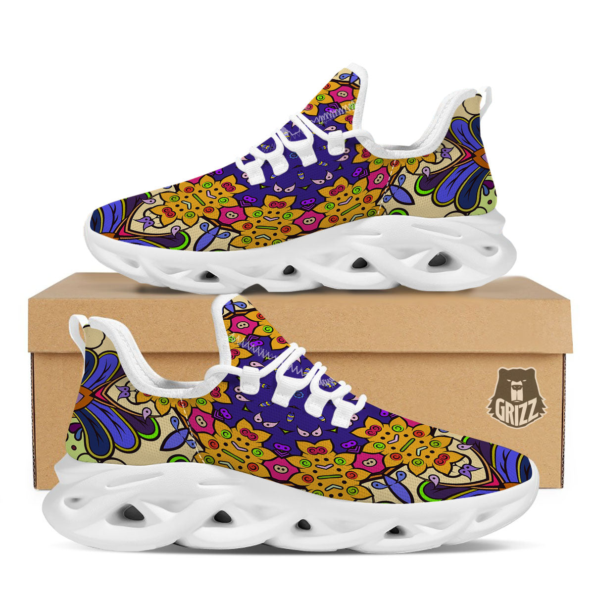 Trippy Psychedelic Ethnic Print White Running Shoes-grizzshop