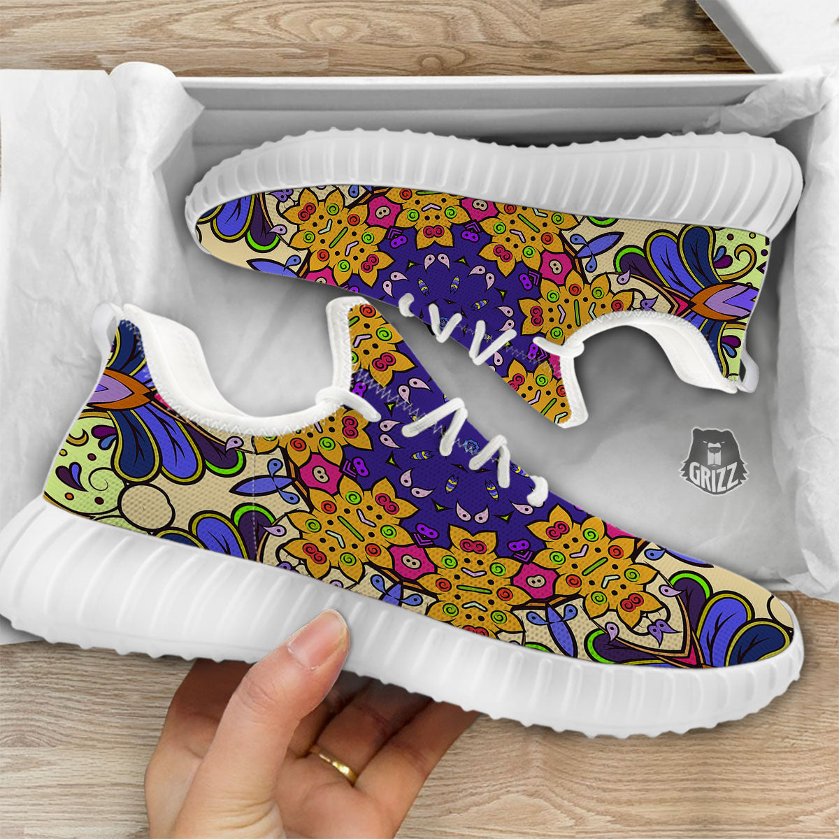 Trippy Psychedelic Ethnic Print White Walking Shoes-grizzshop