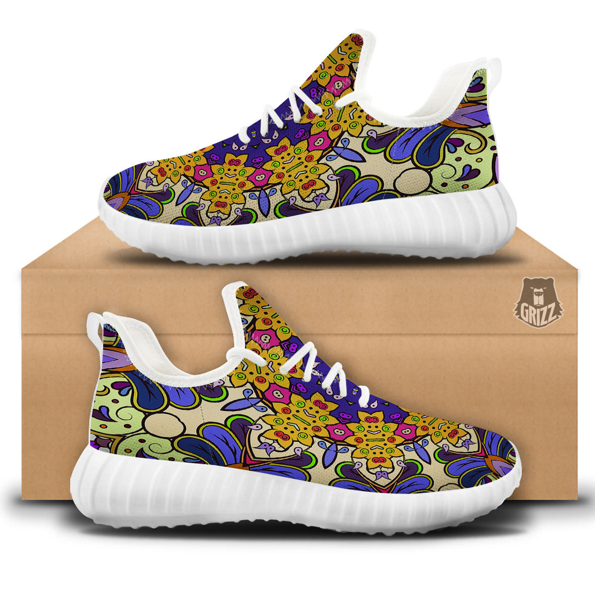 Trippy Psychedelic Ethnic Print White Walking Shoes-grizzshop