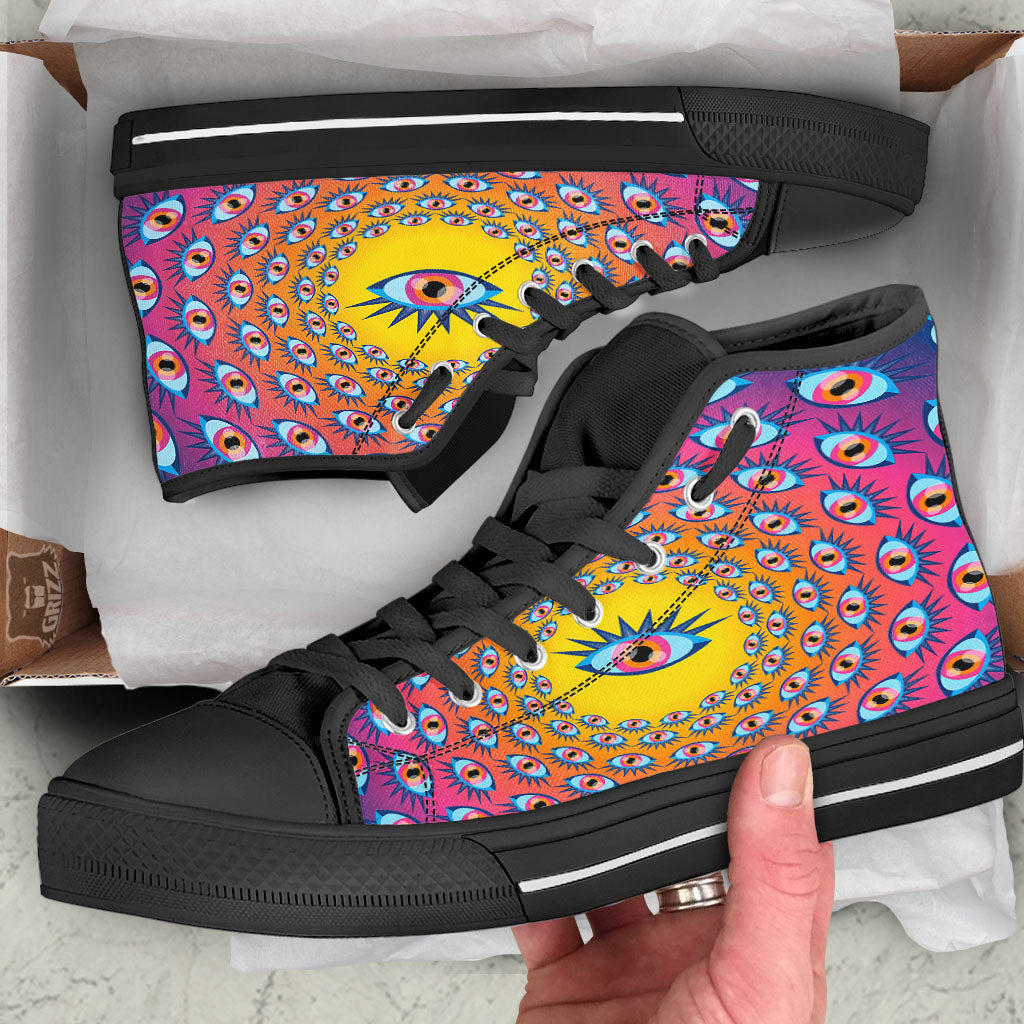 Trippy Psychedelic Eyes Print Black High Top Shoes-grizzshop