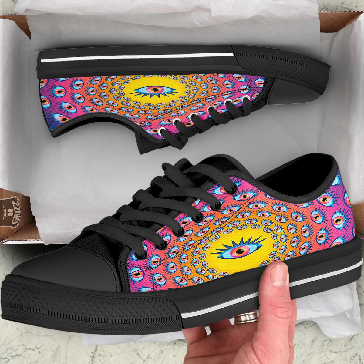 Trippy Psychedelic Eyes Print Black Low Top Shoes-grizzshop