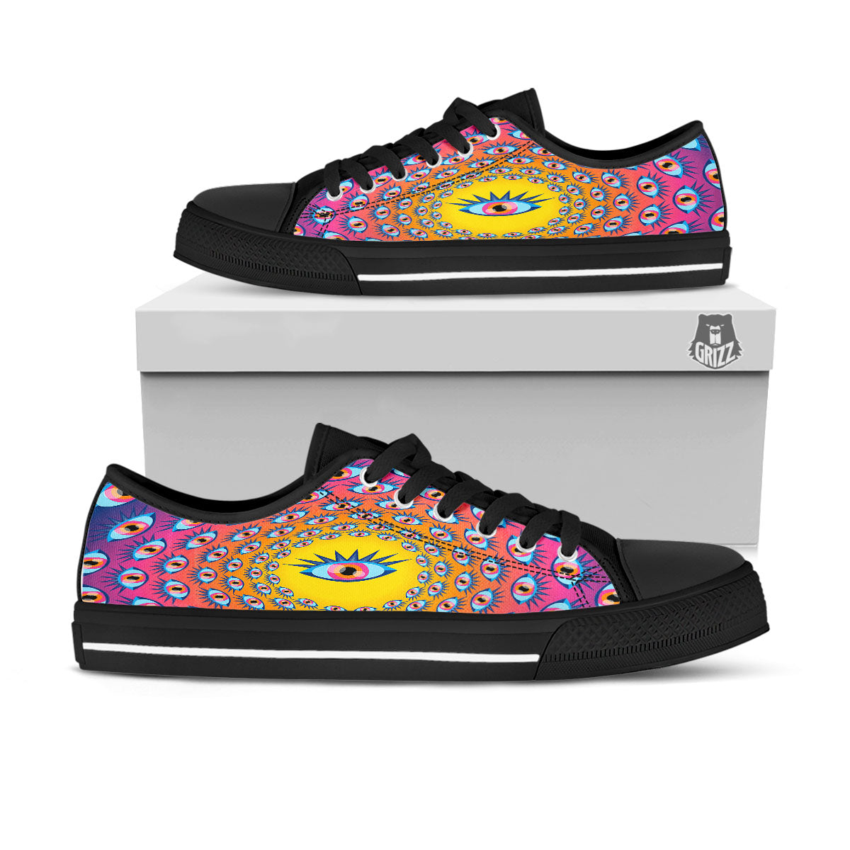 Trippy Psychedelic Eyes Print Black Low Top Shoes-grizzshop